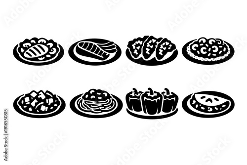 Assorted iconic dishes: meat, fish, pasta, and vegetables collection