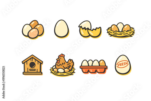 Egg icons set: fresh eggs, chicken coop, nest, basket