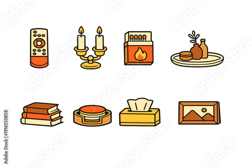 Cozy home essentials: candle holder, remote, matches, books, serving tray, coaster, tissue box, art