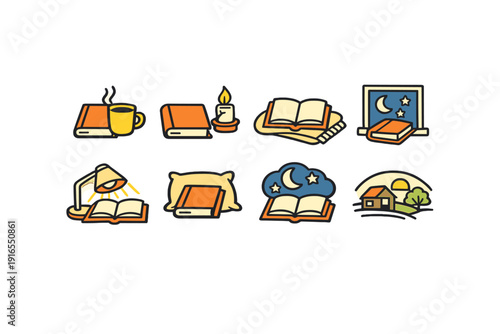 Night reading concepts: books, coffee, candles, moonlight, cozy atmosphere