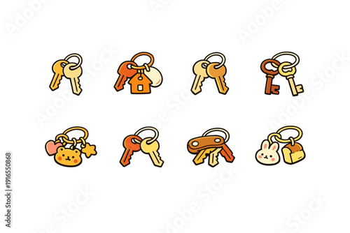 Cartoon keychains with animal and house designs on gradient background