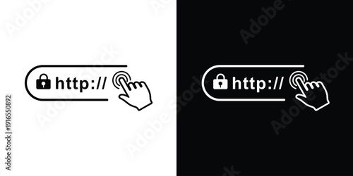 Minimalist web URL address bar icon with "http://" and a hand clicking the cursor. Linear vector set in black and white backgrounds for website UX/UI design and digital access.