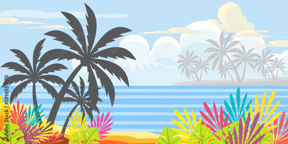 Fototapeta premium silhouette of coconut tree in flat style. illustration of palm tree in flat style. summer background. summer theme scenery 