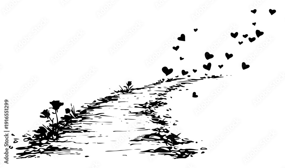 Obraz premium Winding country path with floating love hearts rising to the sky sketch
