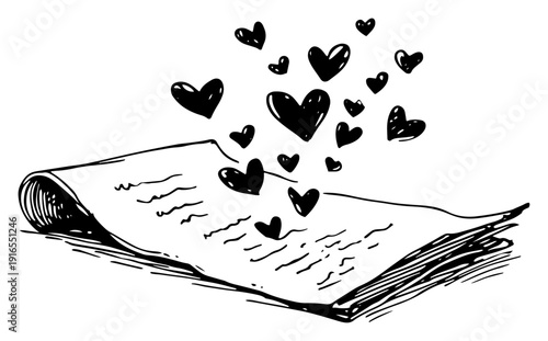 Sketch of open love letter with flying hearts