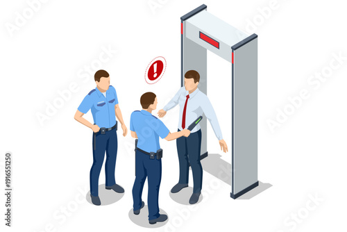 Metal detector. Isometric airport security checkpoint with guard scanning businessman by metal detector gate. Security control concept, inspection procedure, access control and safety regulation.