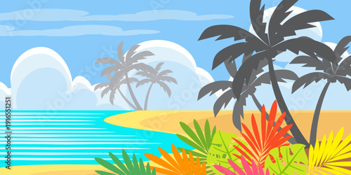 silhouette of coconut tree in flat style. illustration of palm tree in flat style. summer background. summer theme scenery	