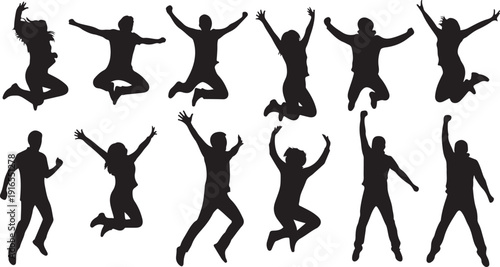 Silhouettes of people jumping in various dynamic poses together