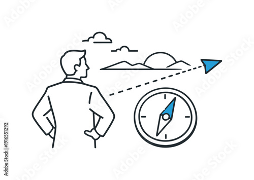 Strategic focus and long term vision in business leadership emphasizing clarity of direction and purpose, a person looking toward a distant horizon