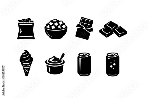 Black and white food icons featuring snacks, chocolate, ice cream, and drinks