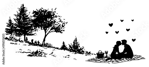 Romantic couple picnic silhouette in nature with floating hearts