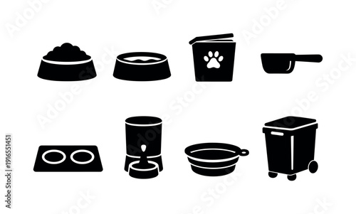 Home pet feeding essentials: food bowl, water bowl, storage container, measuring scoop, feeding mat, automatic feeder, travel bowl, food bin