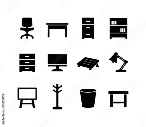 Office furniture: office chair, desk, filing cabinet, bookshelf, drawer unit, monitor stand, footrest, desk lamp, whiteboard, coat rack, waste bin