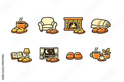 Cozy icons: mug, armchair, fireplace, blanket, book, window, slippers, lamp, plant