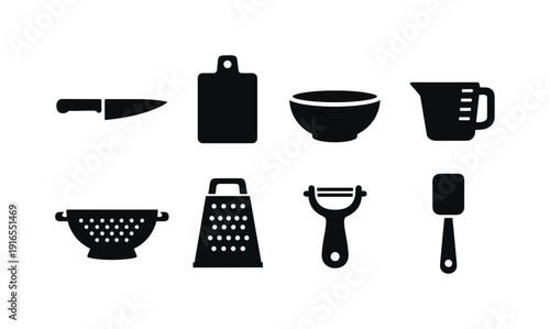 Kitchen meal prep basics: chef knife, cutting board, mixing bowl, measuring cup, colander, grater, peeler, spatula