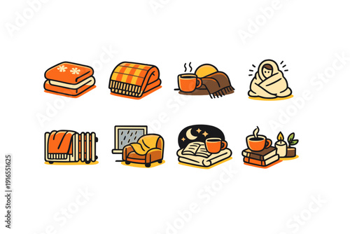 Cozy autumn icons featuring blankets, warm beverages, and relaxation themes