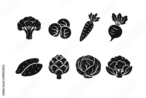 Black silhouette icons of various vegetables in a minimalist style
