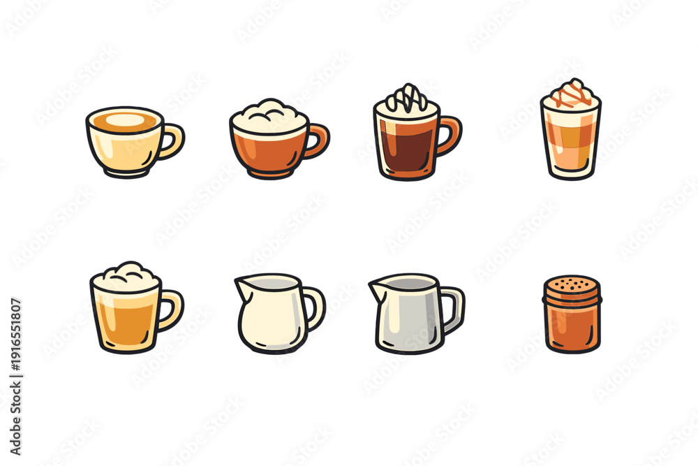 Fototapeta premium Colorful coffee cup icons with cream and milk jugs on gradient background