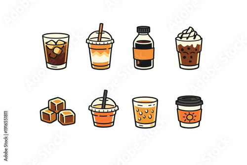 Variety of iced coffee beverages with straws, cups, and ice cubes