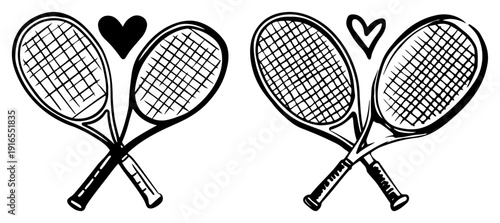 Crossed tennis rackets with a heart symbol above them sketch