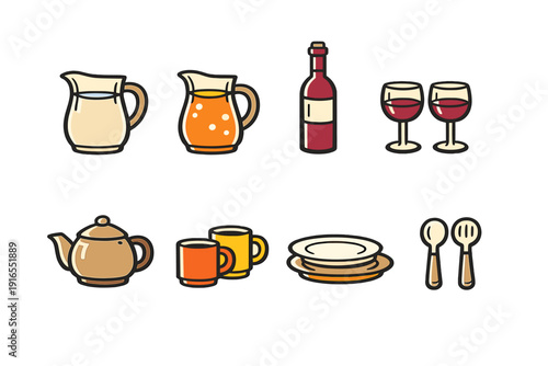 Colorful beverage and dining icons featuring pitchers, glasses, teapot, and tableware