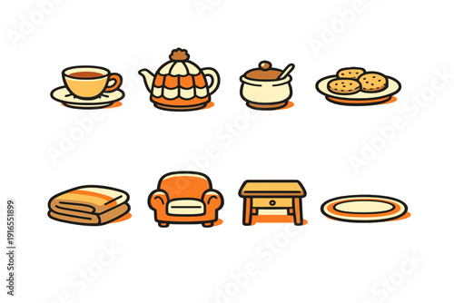 Cozy tea time objects set with tableware and furniture icons