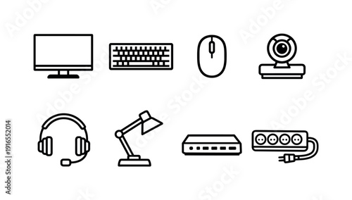 Office desk technology items: desktop monitor, keyboard, mouse, docking station, webcam, headset, desk lamp, power strip