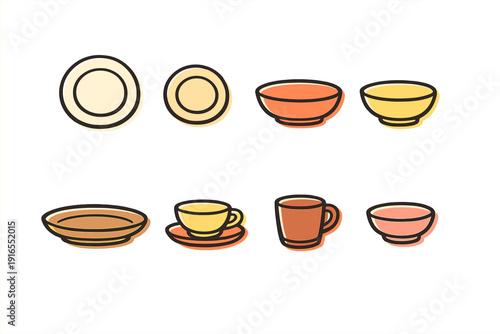 Set of colorful minimalist dishes with plates, bowls, and mugs