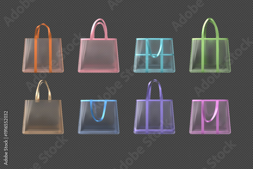 Set of multicolored transparent tote bags, front view, with raised or lowered handles.