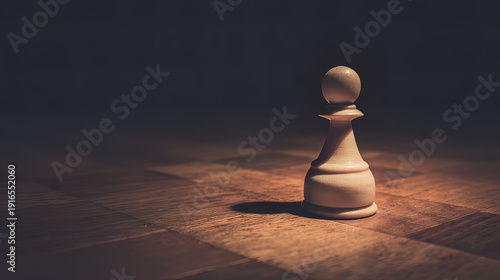 pawn. Chess pawn advanced deep into enemy territory on a wooden board, top-down view. public awareness campaigns, NGO reports, designed for public awareness campaigns and NGO communications.
