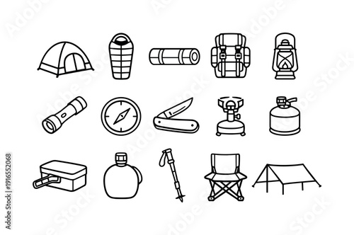 Camping outdoor equipment: tent, sleeping bag, camping mat, backpack, lantern, flashlight, compass, pocket knife, cooking stove, fuel canister, mess