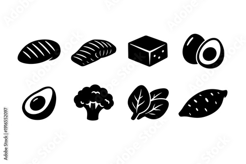Silhouette illustrations of foods: bread, fish, cheese, avocado, broccoli, spinach, sweet potato