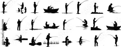 Fishing silhouettes collection, anglers with rods, boat fishing, river fishing, father and son fishing, outdoor recreation, hobby lifestyle illustration
