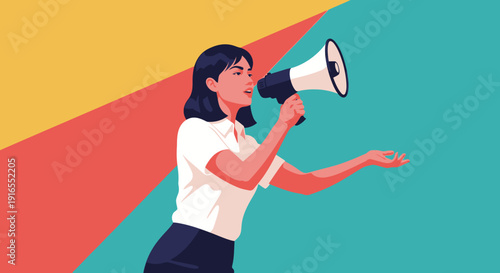 Woman shouting through a megaphone against a colorful background.