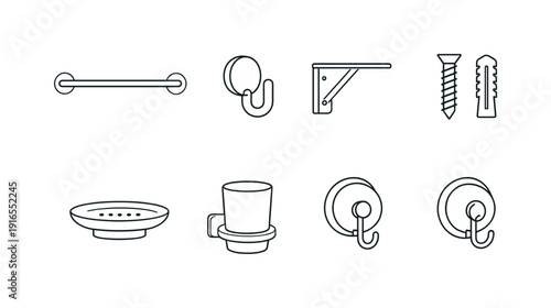 Home bathroom wall mounting: towel bar, wall hook, shelf bracket, mounting screw, wall anchor, soap holder, toothbrush cup, suction hook