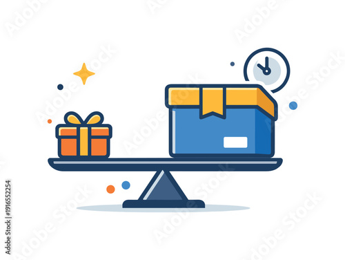 Temporal discounting awareness and prioritizing long-term rewards over short-term impulses, a small present icon balanced against a larger future box