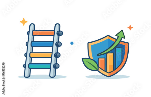 Antifragile career planning and resilience building in uncertain job markets, a flexible ladder with adjustable rungs next to a shield icon