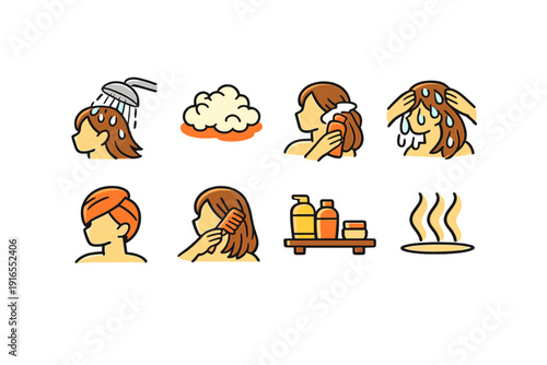 Illustrated hair care routine steps with shampoo and conditioner icons