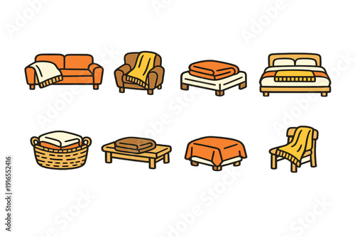 Cozy furniture and decor collection with blankets in warm tones