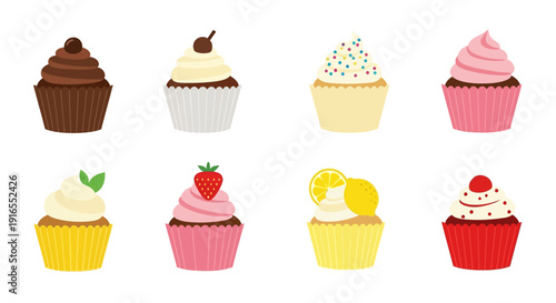 Assorted Cupcakes with Various Toppings and Flavors.