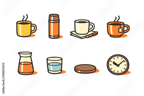 Colorful coffee icons with mugs, thermos, cups, and clock illustrations