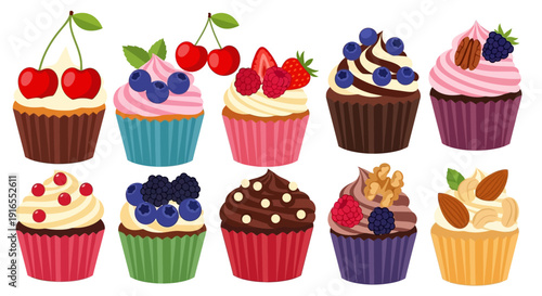 Assorted colorful cupcakes with various toppings and decorations.