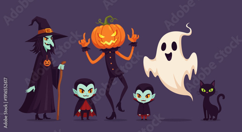 Halloween characters including witch, pumpkin man, and ghosts.