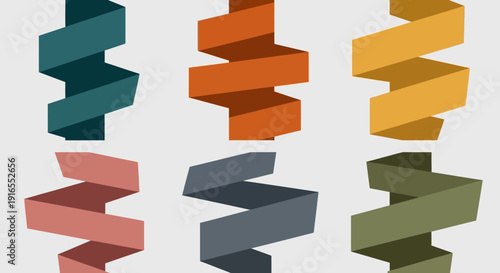 Colorful 3D spiral shapes arranged in a grid pattern.