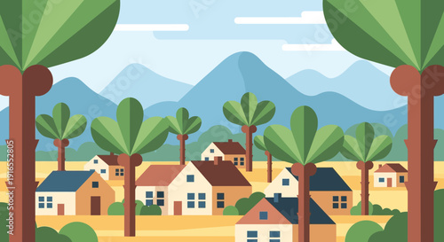 Colorful cartoon village with houses and palm trees in a mountainous landscape.