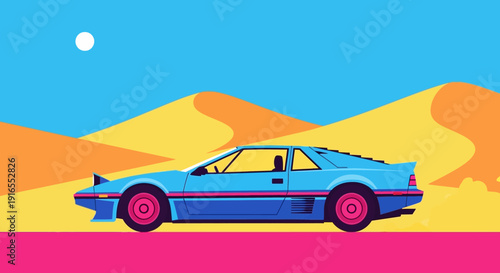 Vibrant blue sports car driving through desert landscape under bright blue sky.