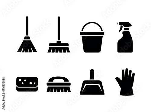 Home cleaning supplies: broom, mop, bucket, spray bottle, sponge, scrub brush, dustpan, rubber glove