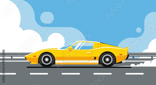 Vibrant Yellow Sports Car Speeding on Highway.