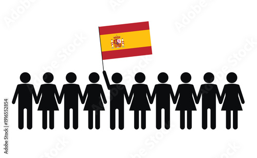 Sketch of a crowd and a leader with the flag of Spain.