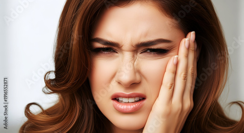 Woman grimacing with hand on face experiencing pain or discomfort grimace